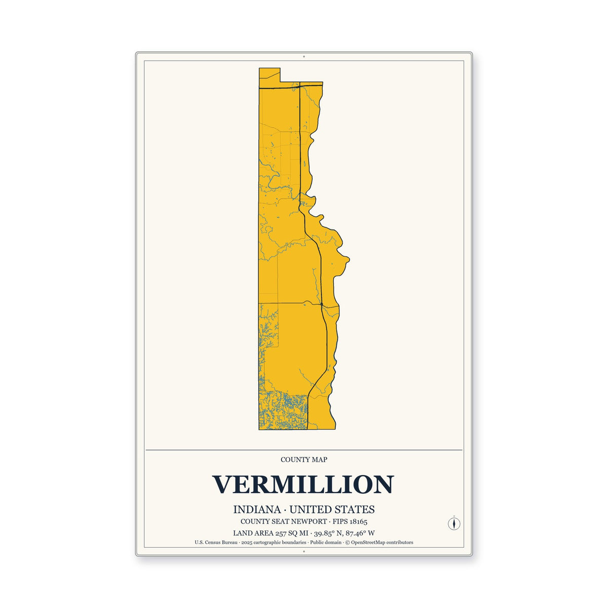 Vermillion County, Indiana Map Aluminum Sign in Citrine Modern style