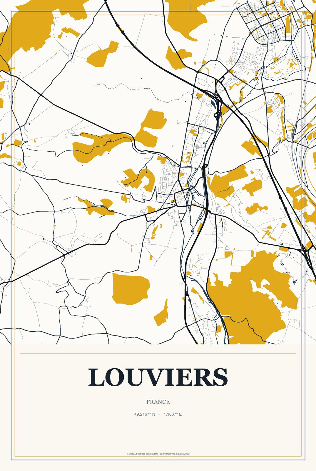 Louviers, France City Map Aluminum Sign in Citrine Modern style
