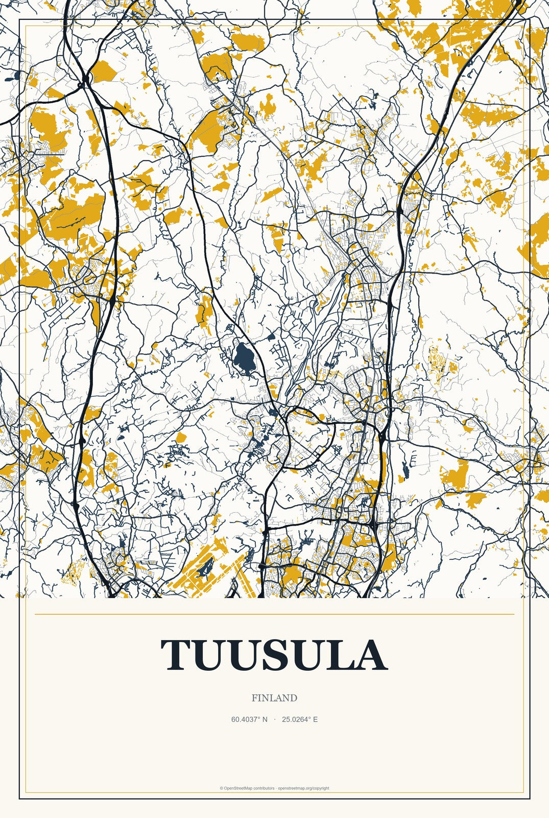 Tuusula, Finland City Map Aluminum Sign in Citrine Modern style
