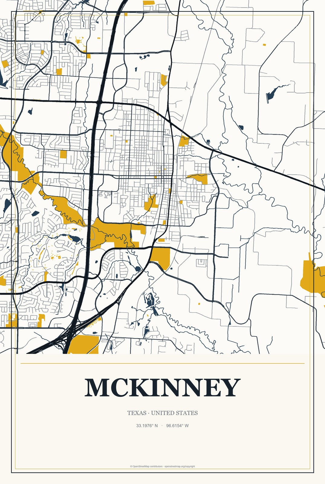 McKinney, Texas City Map Aluminum Sign in Citrine Modern style