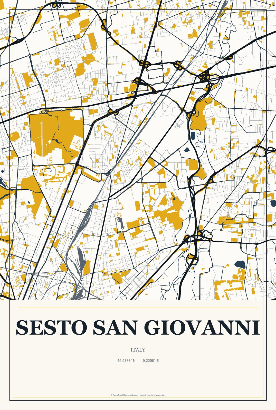 Sesto San Giovanni, Italy City Map Aluminum Sign in Citrine Modern style