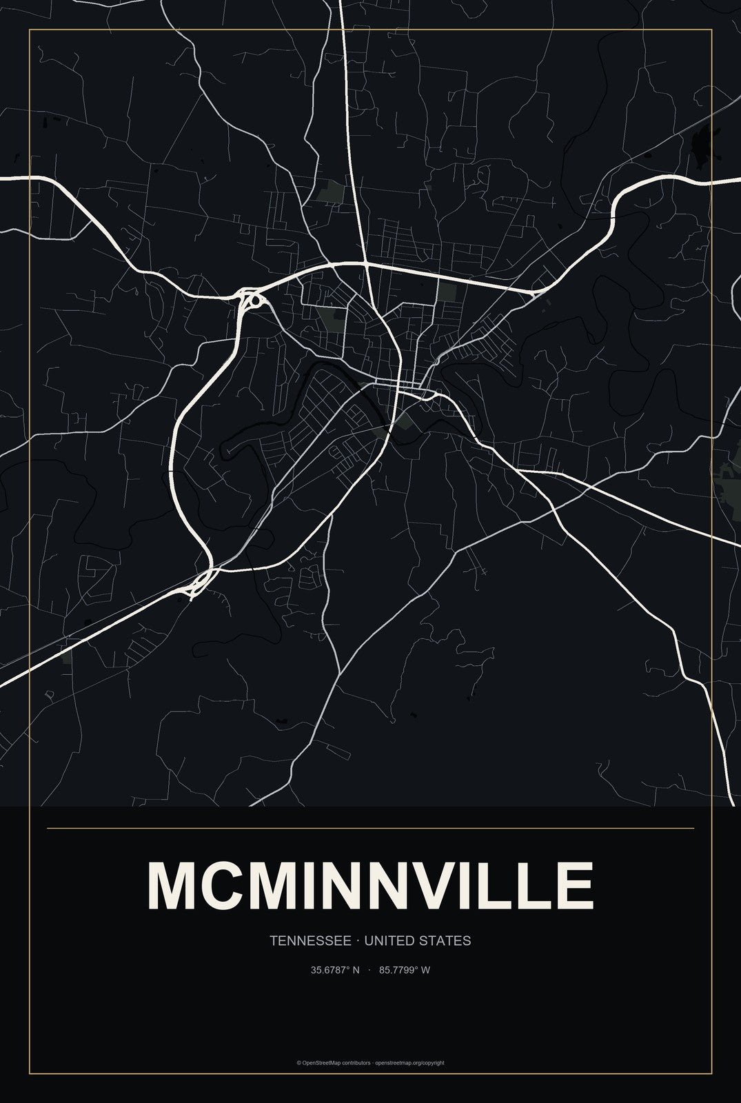McMinnville, Tennessee City Map Aluminum Sign in Metropolitan Noir style