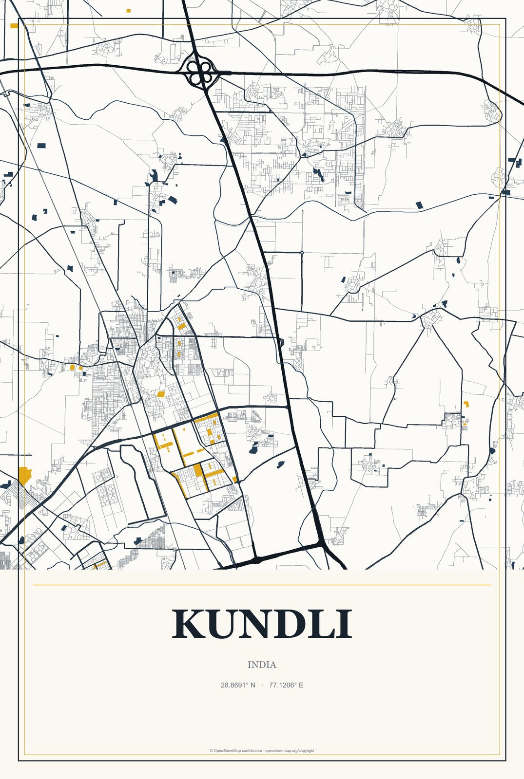 Kundli, India City Map Aluminum Sign in Citrine Modern style
