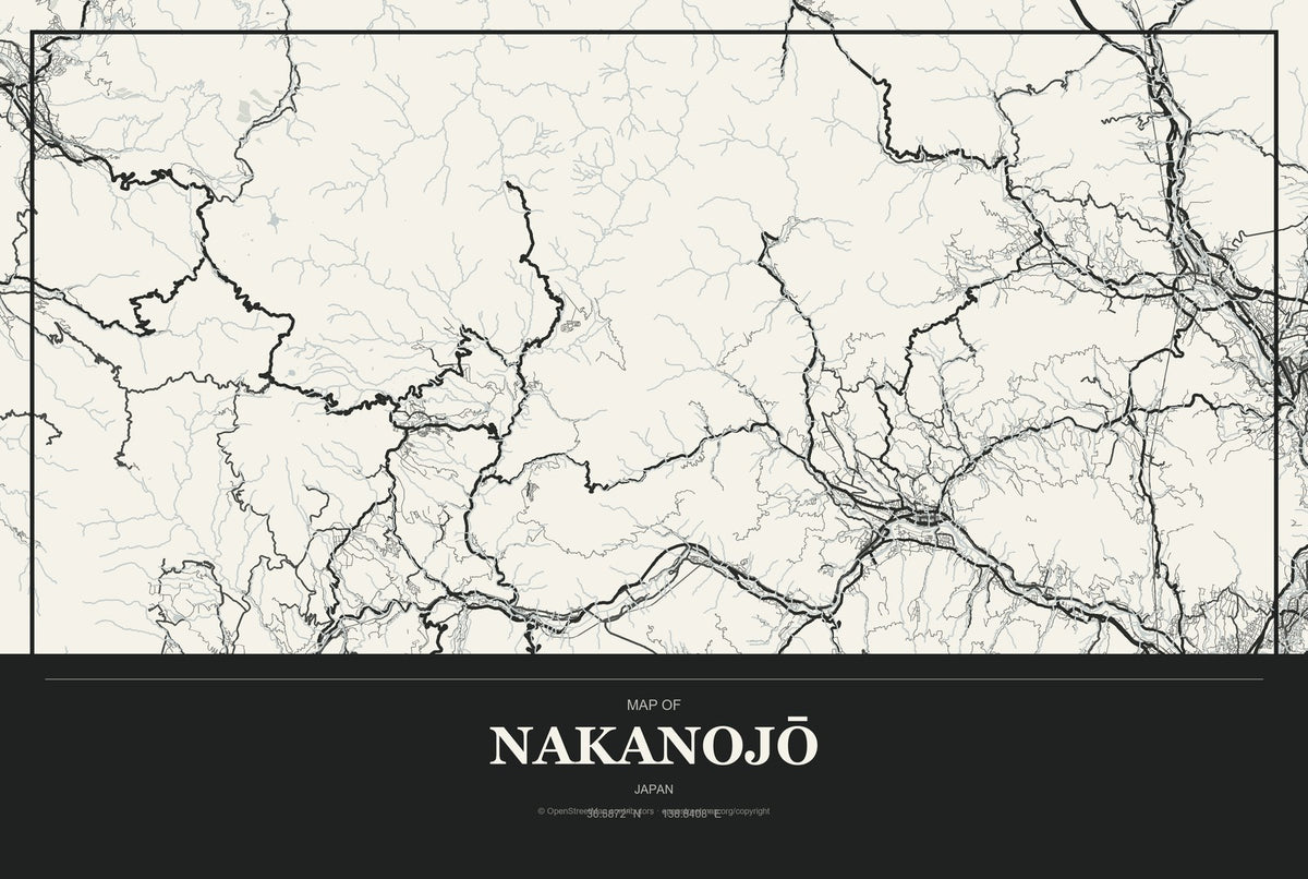 Nakanojō, Japan City Map Aluminum Sign in Museum Plaque style