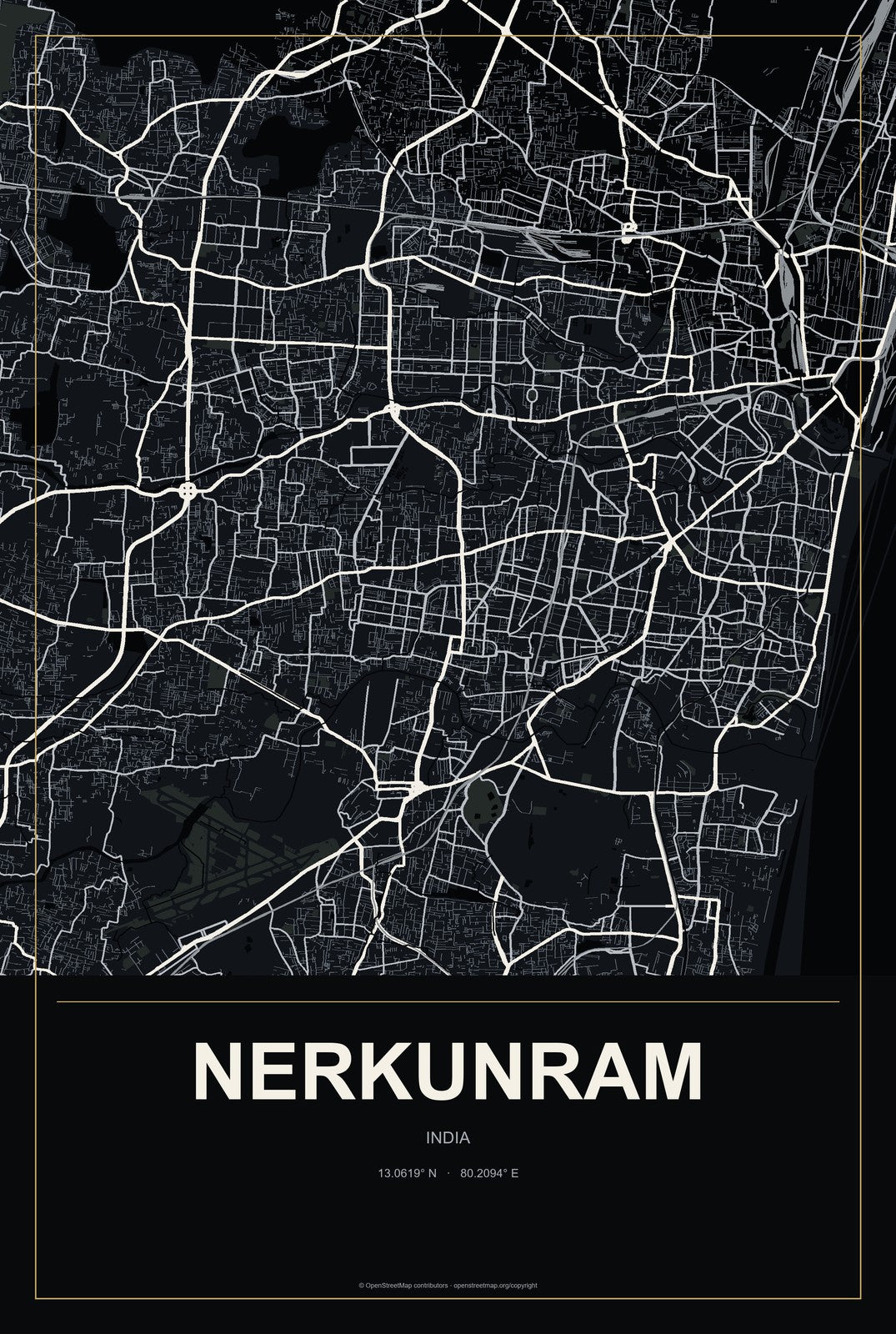 Nerkunram, India City Map Aluminum Sign in Metropolitan Noir style