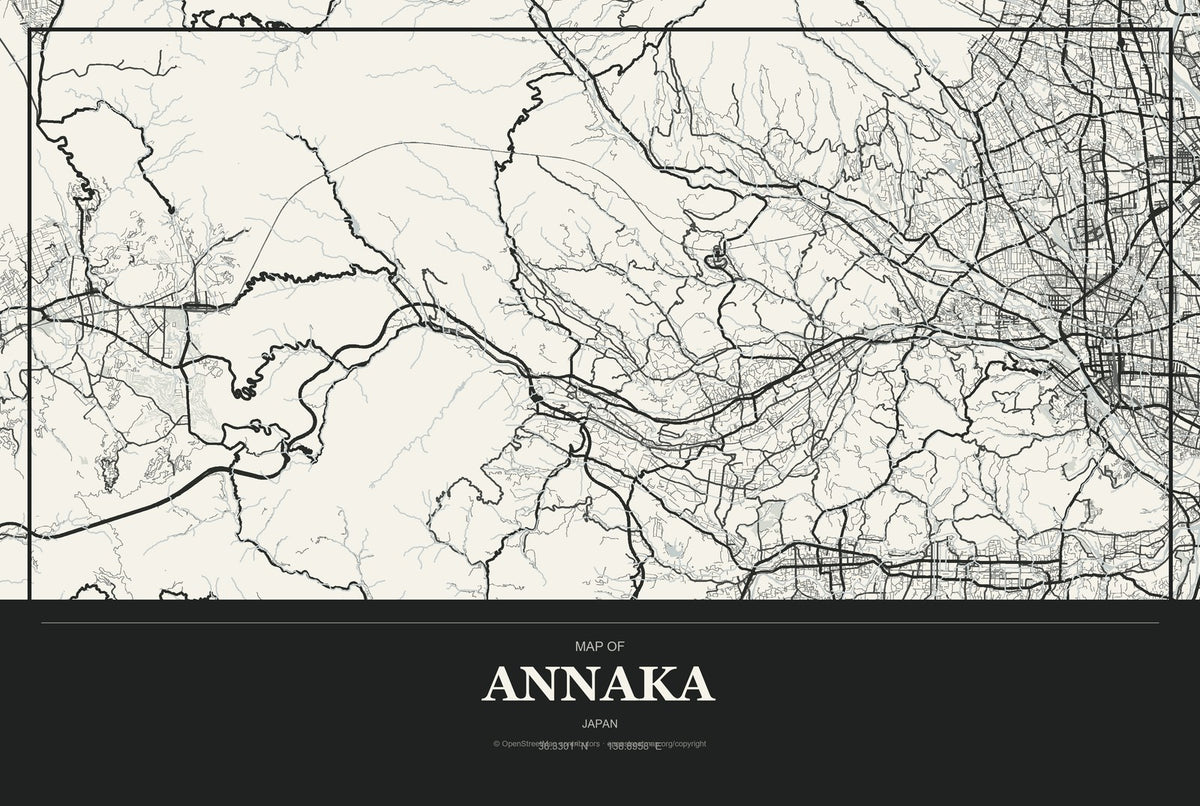 Annaka, Japan City Map Aluminum Sign in Museum Plaque style
