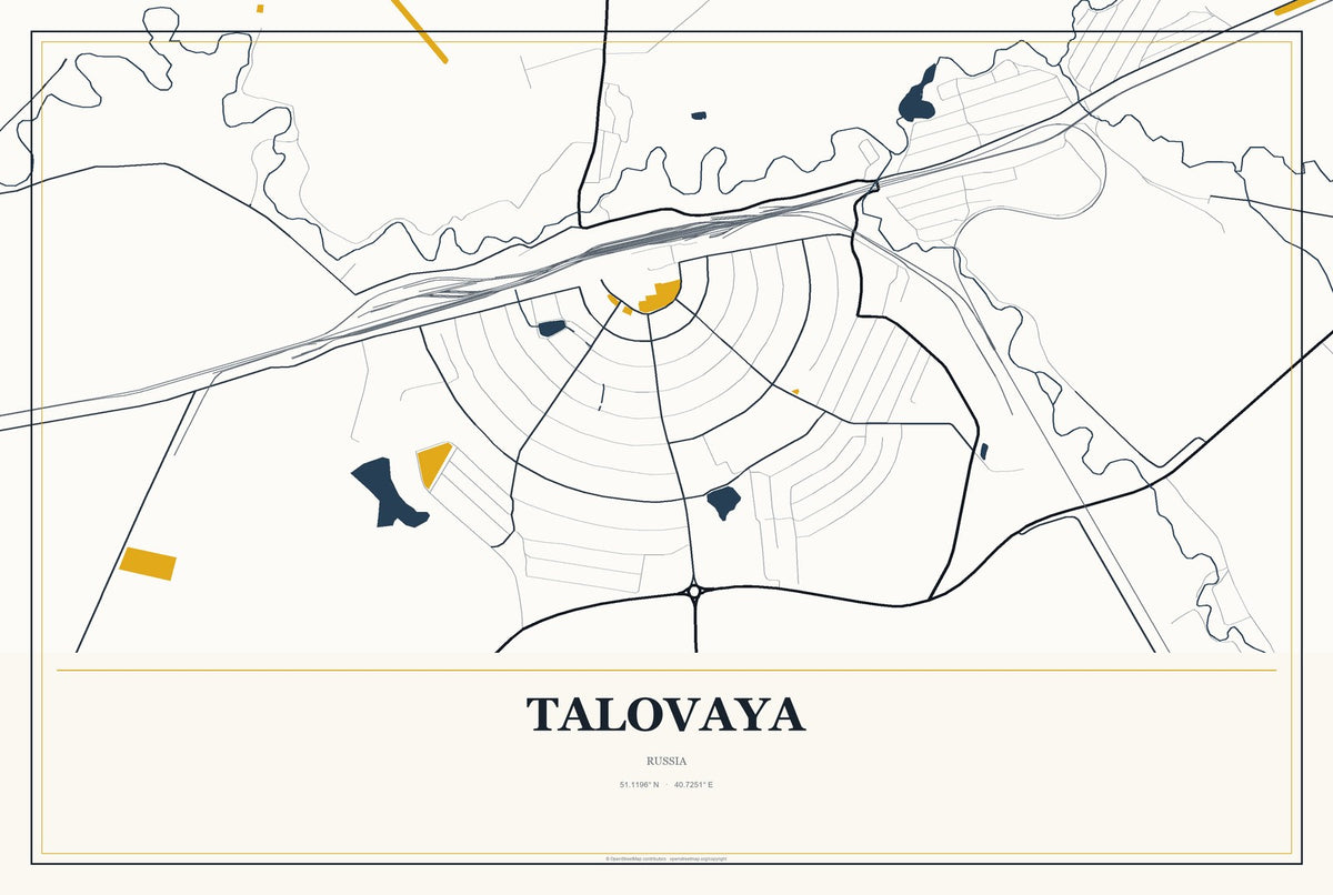 Talovaya, Russia City Map Aluminum Sign in Citrine Modern style
