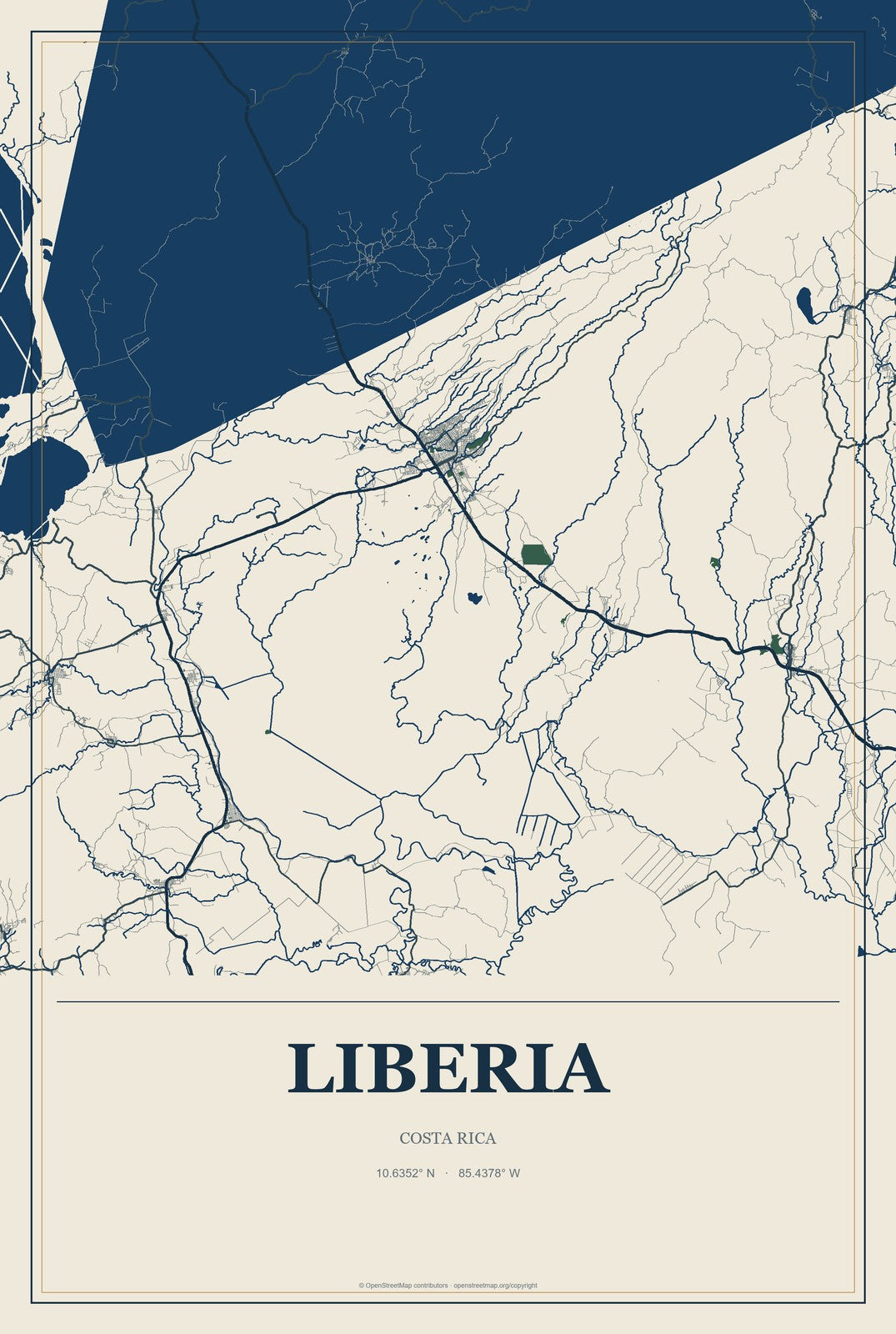 Liberia, Costa Rica City Map Aluminum Sign in Coastal Cutout style