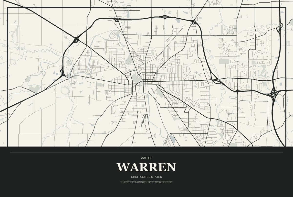 Warren, Ohio City Map Aluminum Sign in Museum Plaque style
