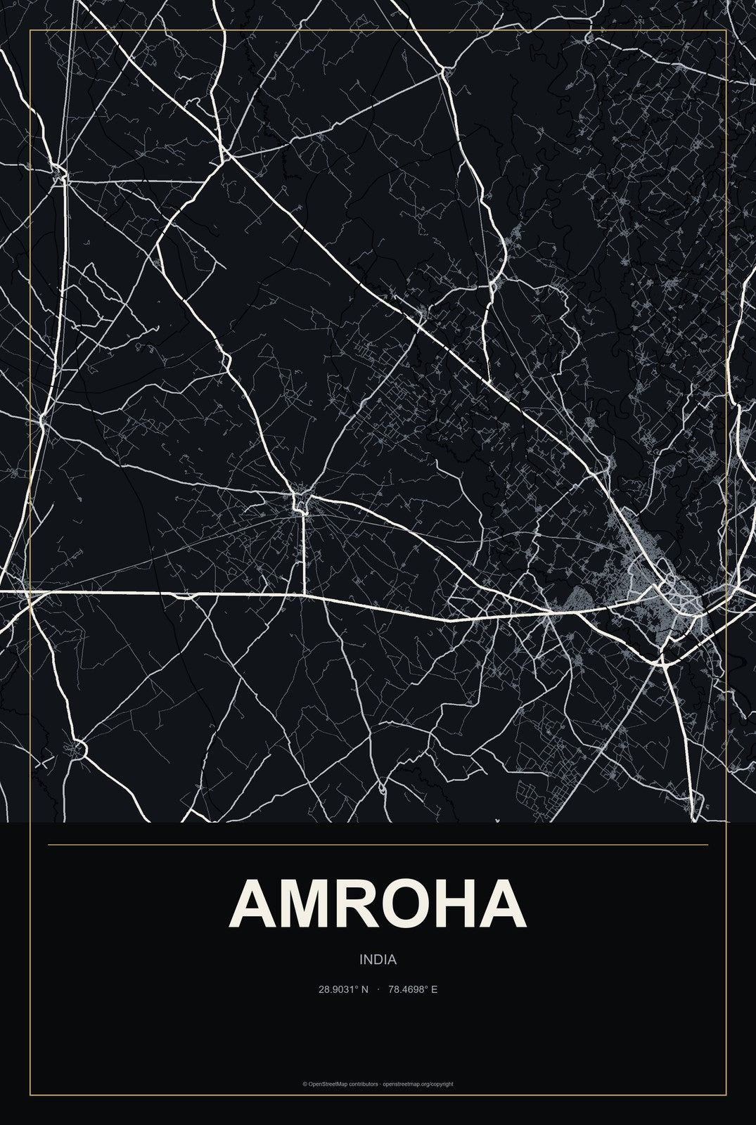 Amroha, India City Map Aluminum Sign in Metropolitan Noir style