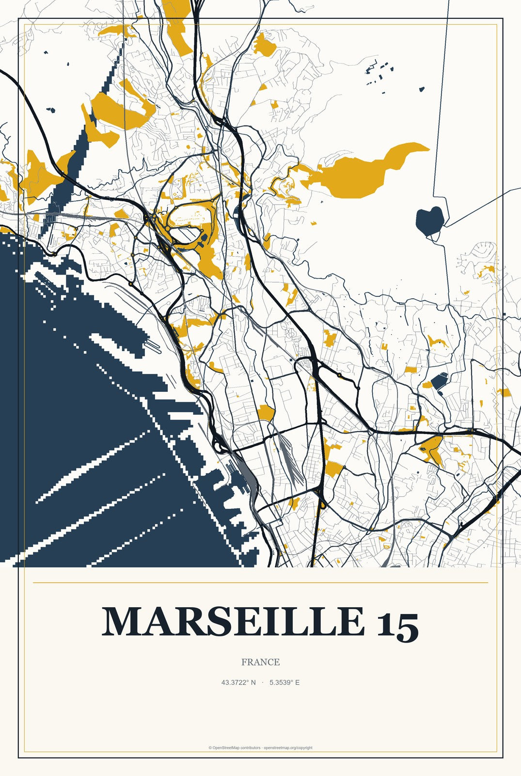 Marseille 15, France City Map Aluminum Sign in Citrine Modern style