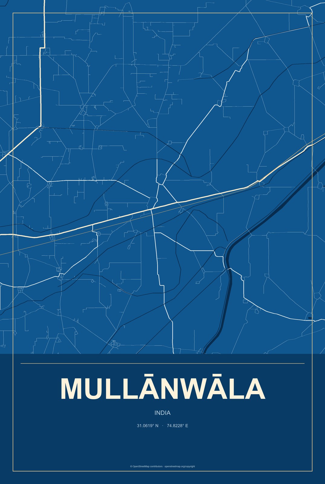 Mullānwāla, India City Map Aluminum Sign in Harbor Cobalt style