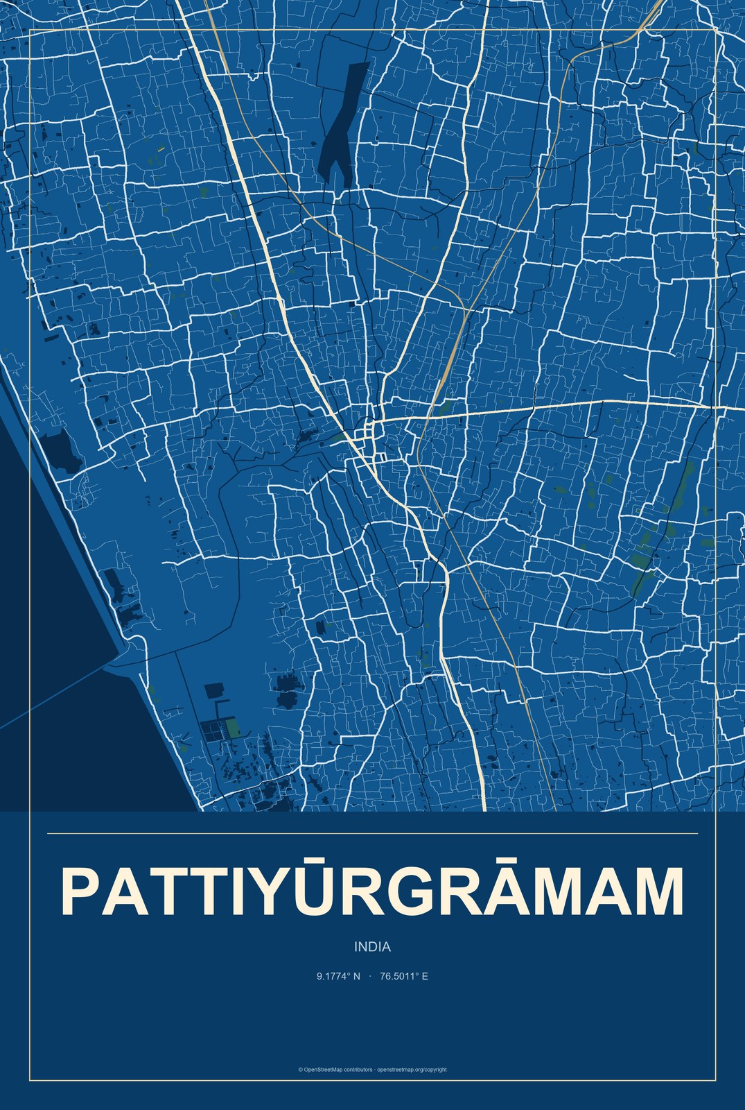Pattiyūrgrāmam, India City Map Aluminum Sign in Harbor Cobalt style