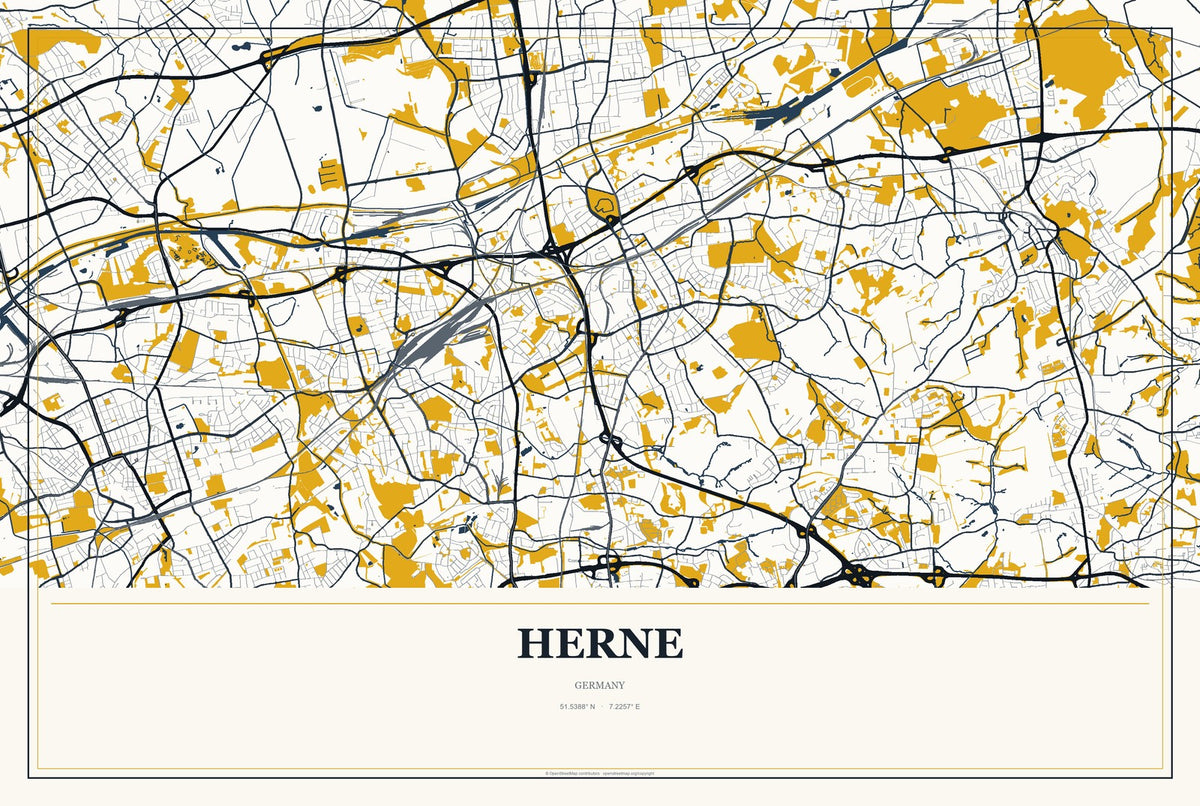 Herne, Germany City Map Aluminum Sign in Citrine Modern style