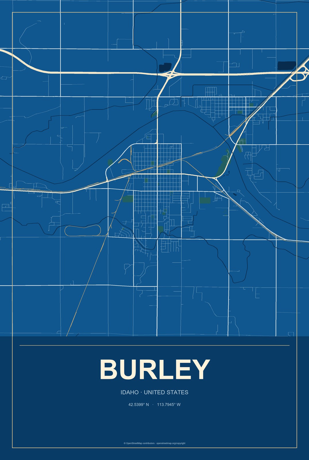 Burley, Idaho City Map Aluminum Sign in Harbor Cobalt style