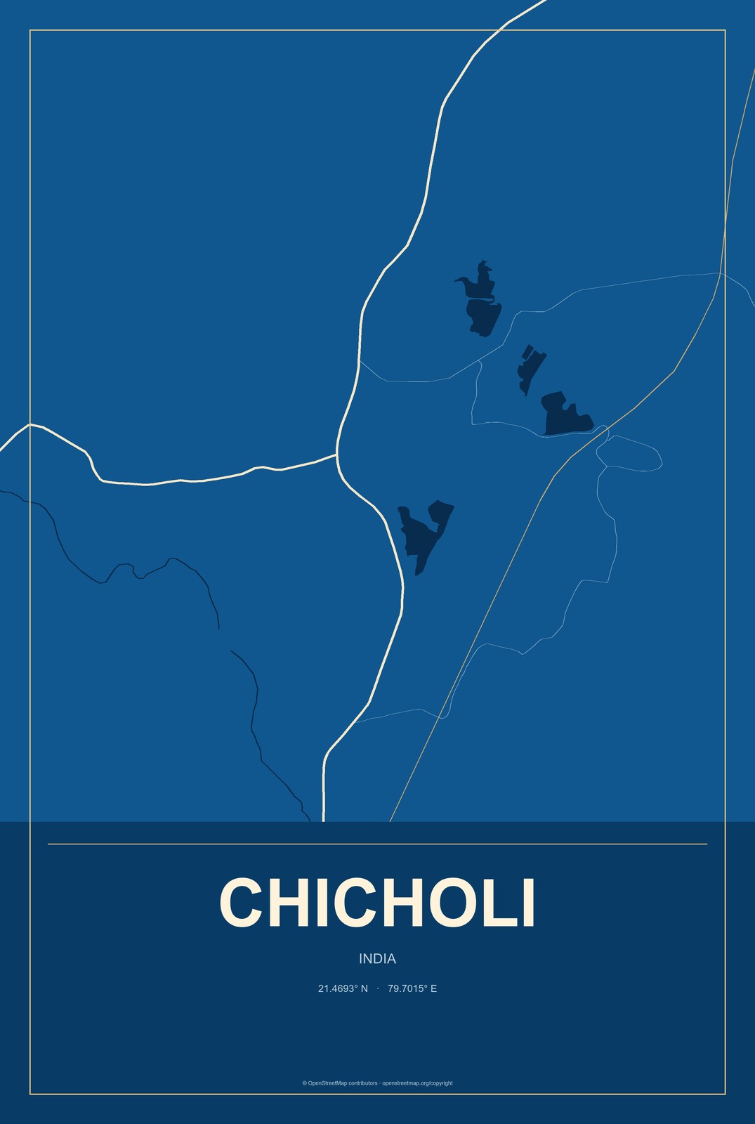 Chicholi, India City Map Aluminum Sign in Harbor Cobalt style