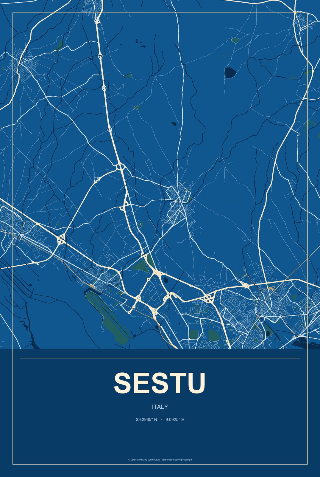 Sestu, Italy City Map Aluminum Sign in Harbor Cobalt style
