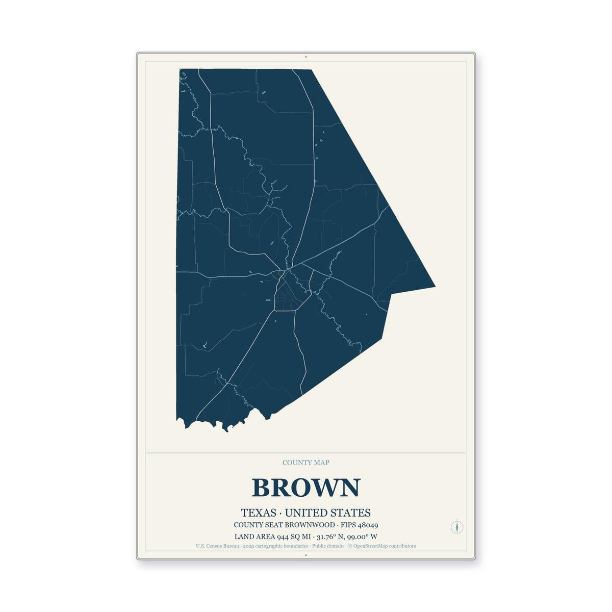 Brown County, Texas Map Aluminum Sign in Coastal Cutout style