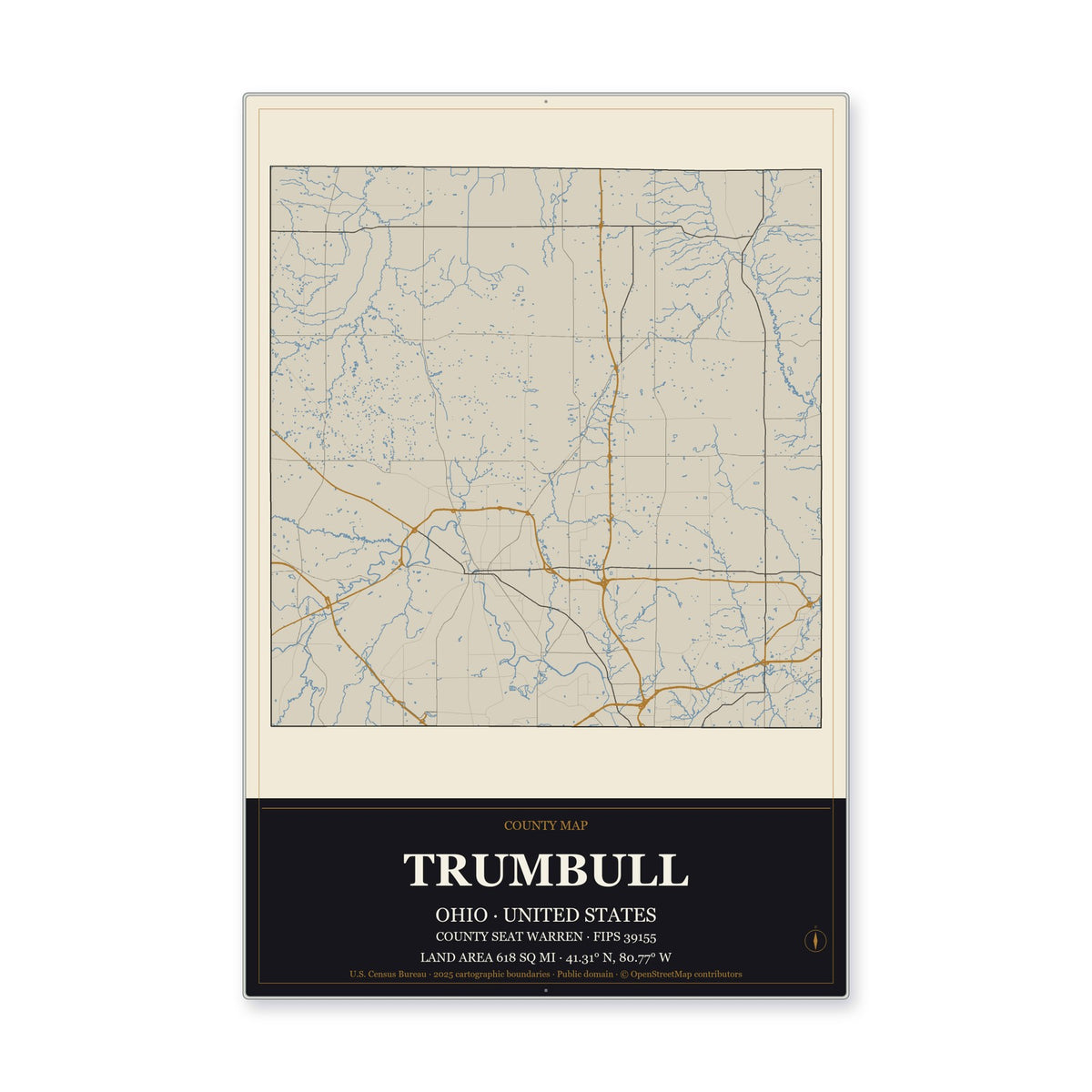 Trumbull County, Ohio Map Aluminum Sign in Museum Plaque style