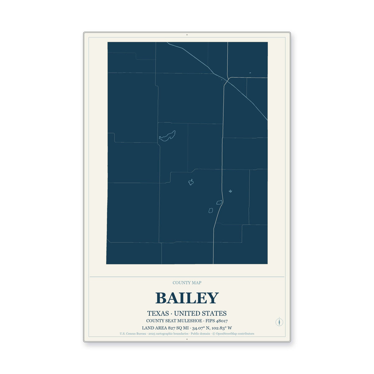 Bailey County, Texas Map Aluminum Sign in Coastal Cutout style