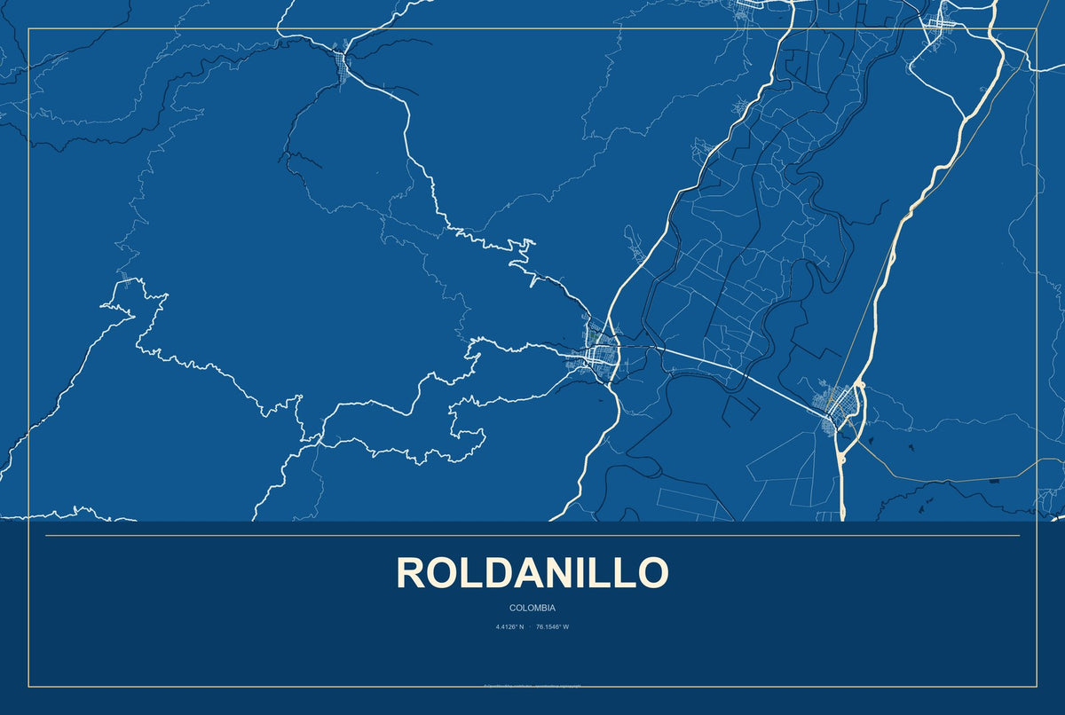 Roldanillo, Colombia City Map Aluminum Sign in Harbor Cobalt style