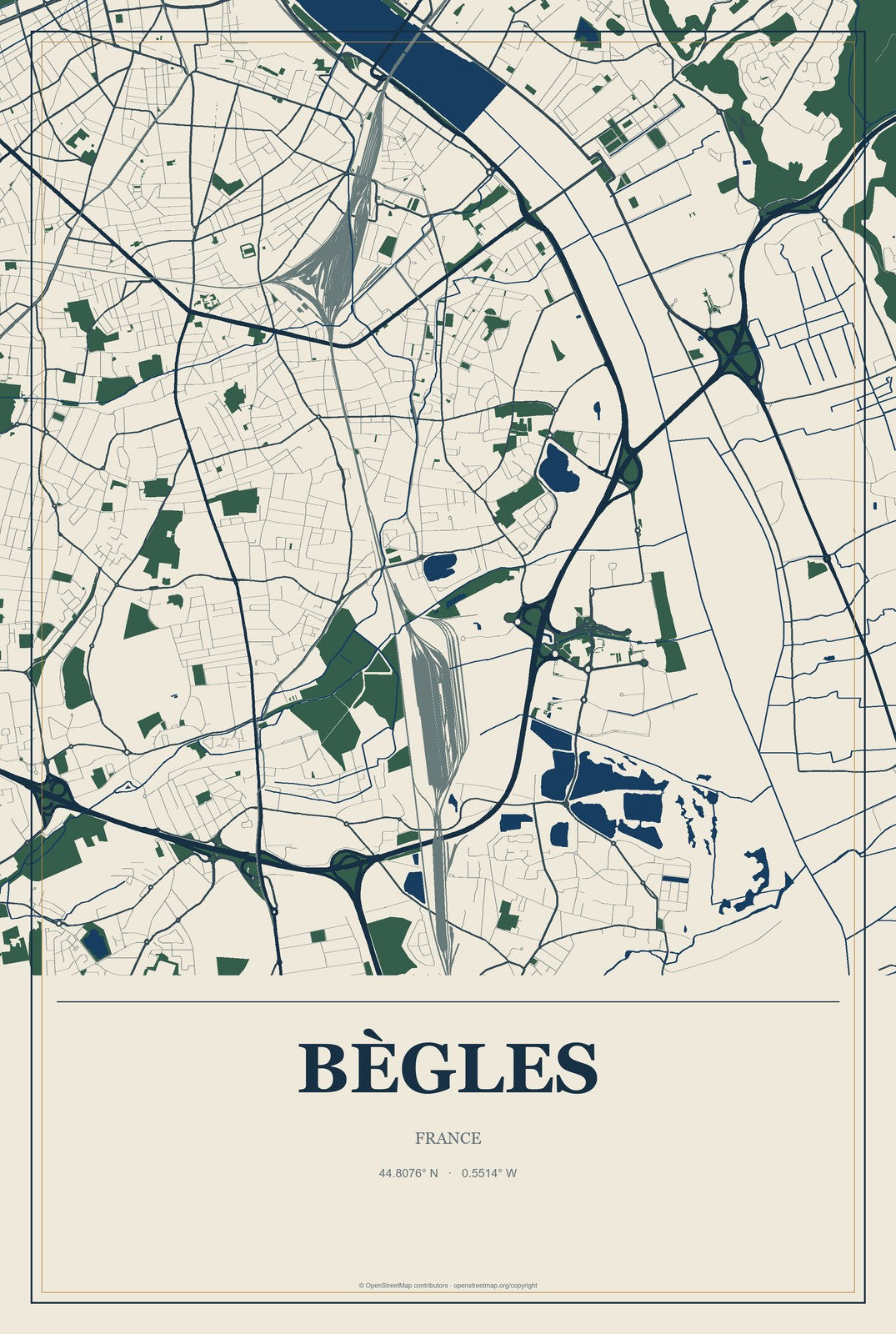 Bègles, France City Map Aluminum Sign in Coastal Cutout style