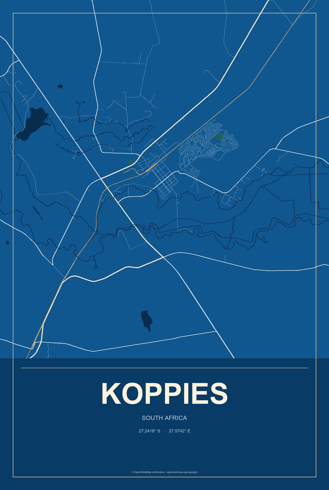 Koppies, South Africa City Map Aluminum Sign in Harbor Cobalt style
