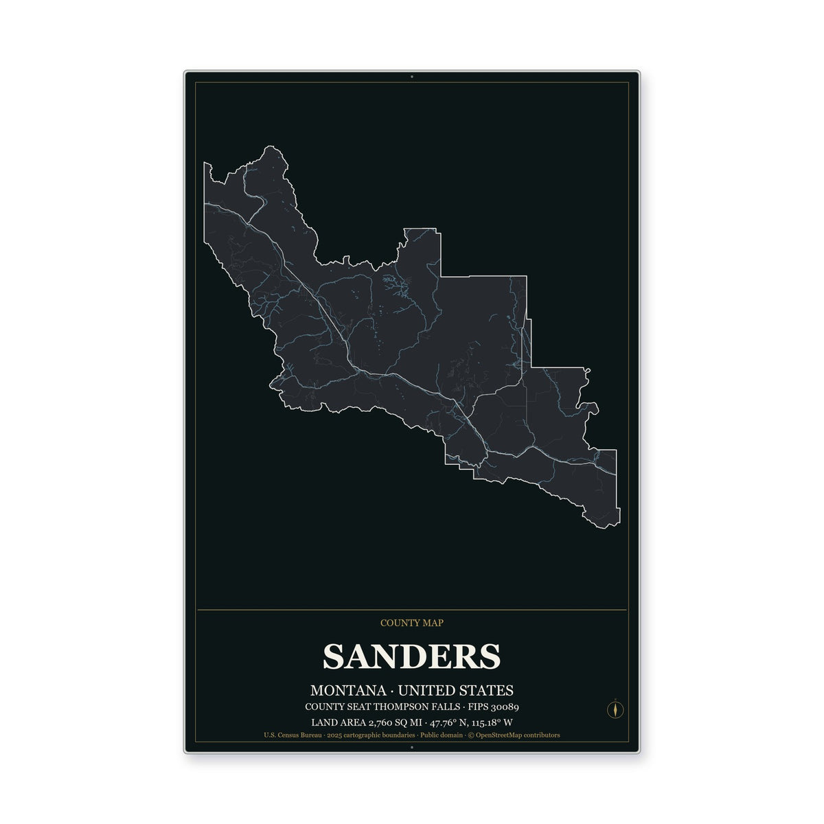 Sanders County, Montana Map Aluminum Sign in Metropolitan Noir style