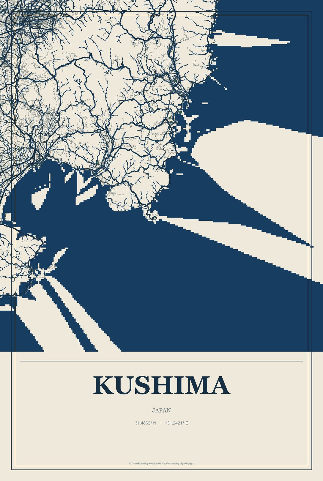 Kushima, Japan City Map Aluminum Sign in Coastal Cutout style