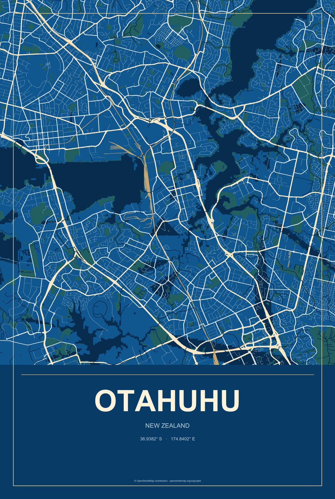 Otahuhu, New Zealand City Map Aluminum Sign in Harbor Cobalt style