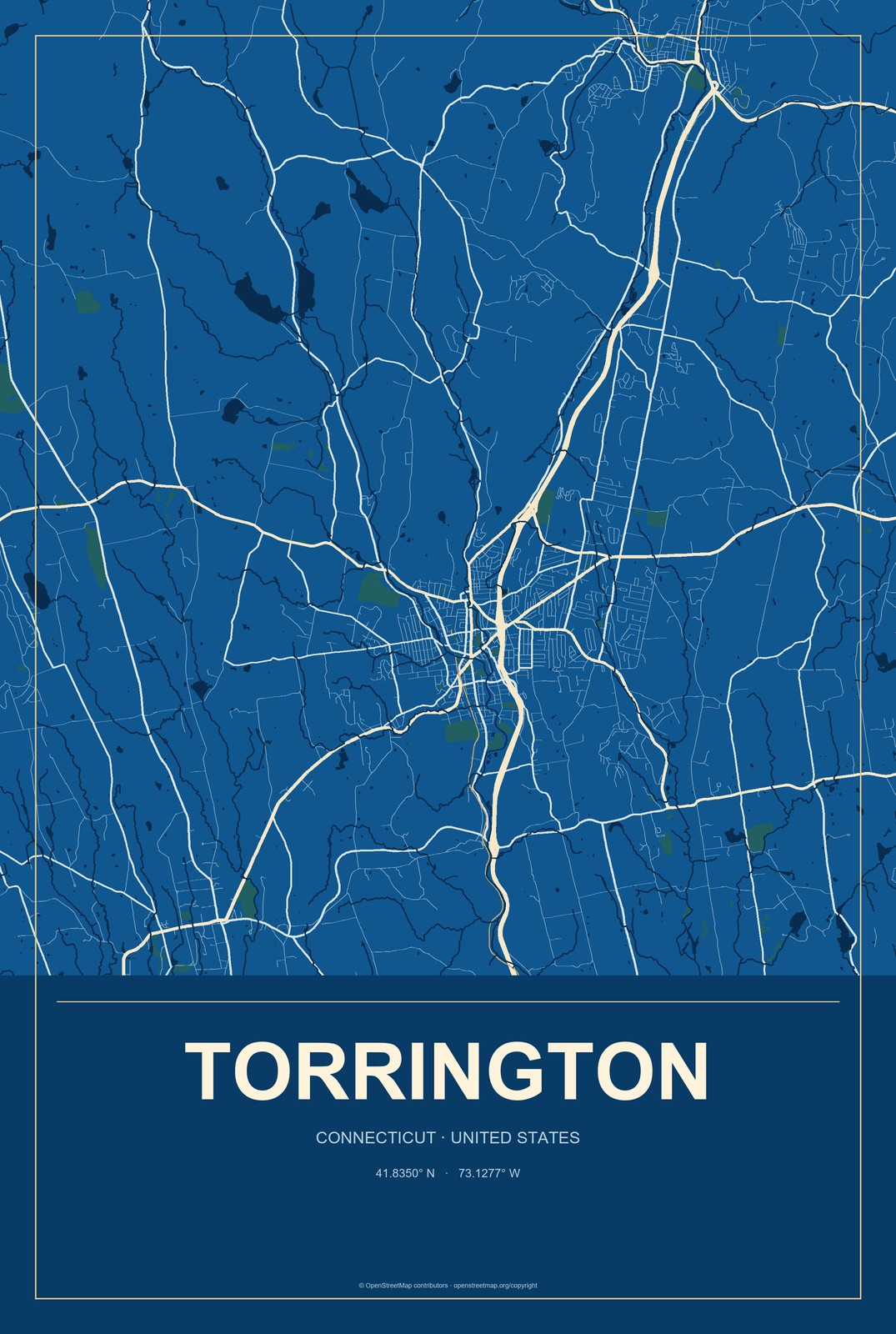 Torrington, Connecticut City Map Aluminum Sign in Harbor Cobalt style