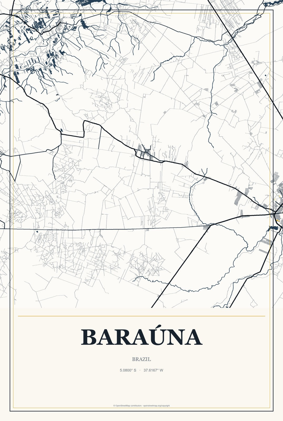 Baraúna, Brazil City Map Aluminum Sign in Citrine Modern style