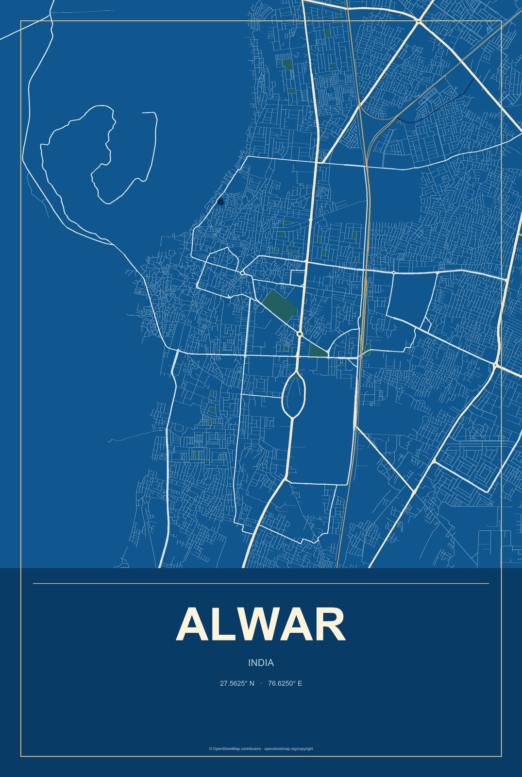 Alwar, India City Map Aluminum Sign in Harbor Cobalt style