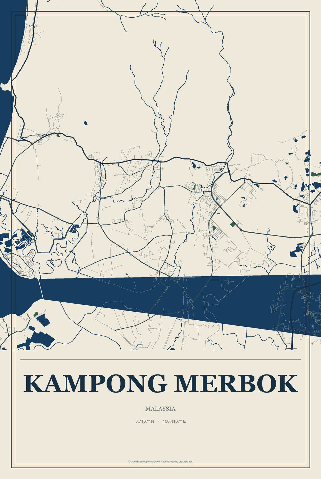 Kampong Merbok, Malaysia City Map Aluminum Sign in Coastal Cutout style