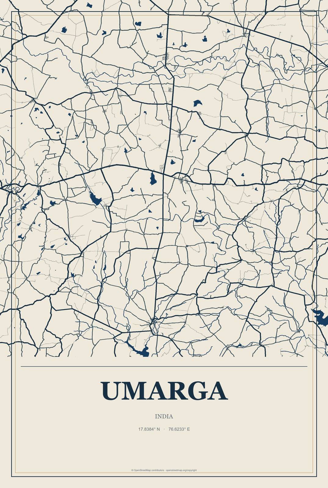 Umarga, India City Map Aluminum Sign in Coastal Cutout style