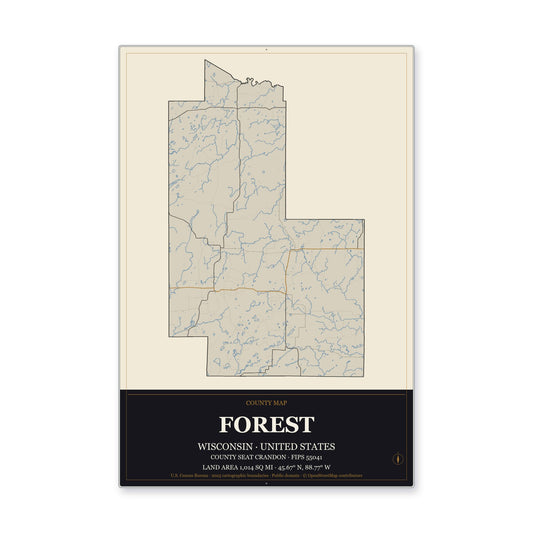 Forest County, Wisconsin Map Aluminum Sign in Museum Plaque style