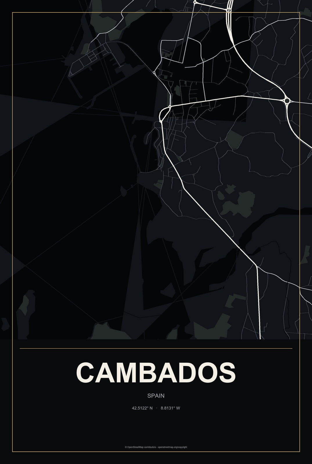 Cambados, Spain City Map Aluminum Sign in Metropolitan Noir style