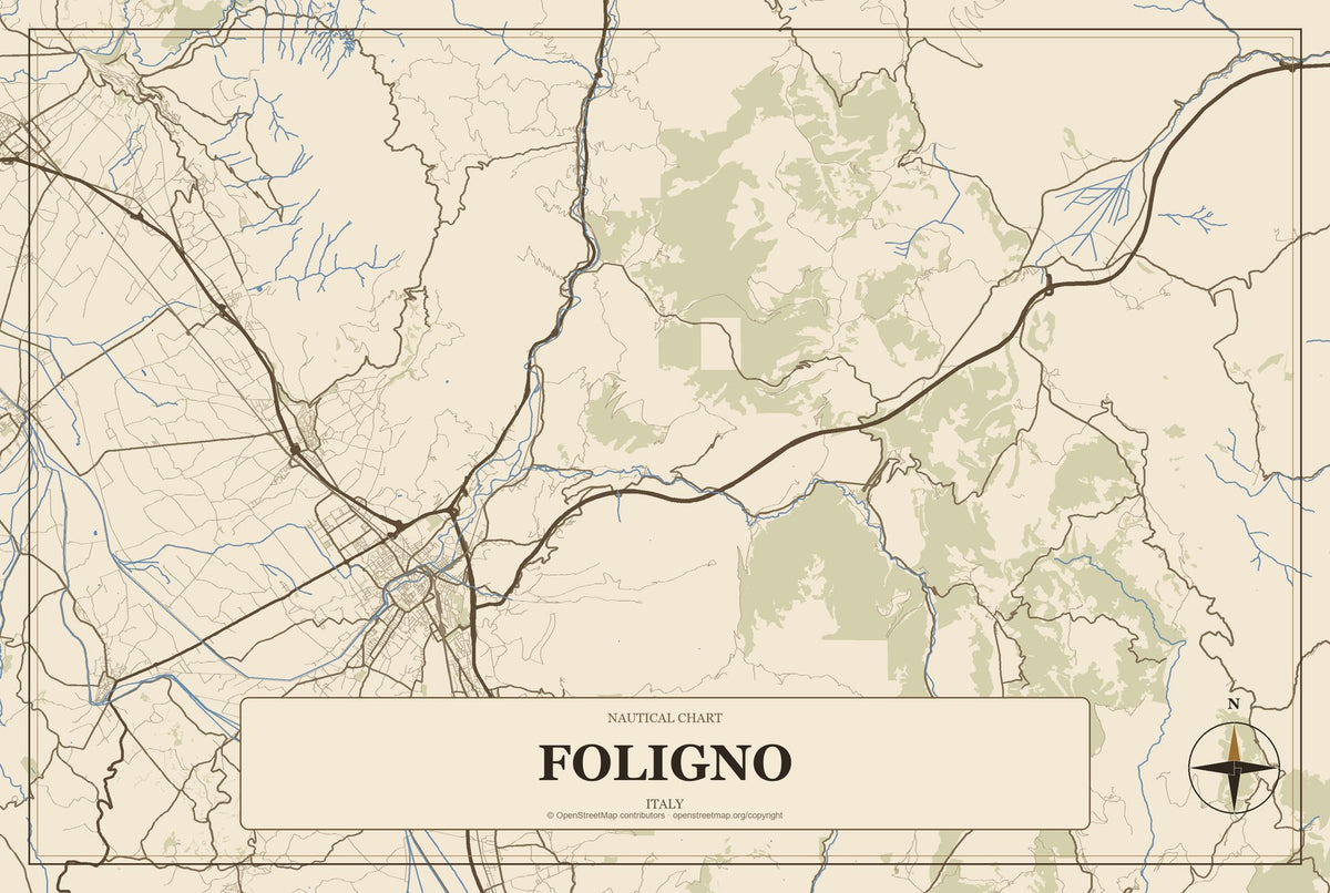 Foligno, Italy City Map Aluminum Sign in Heritage Nautical style