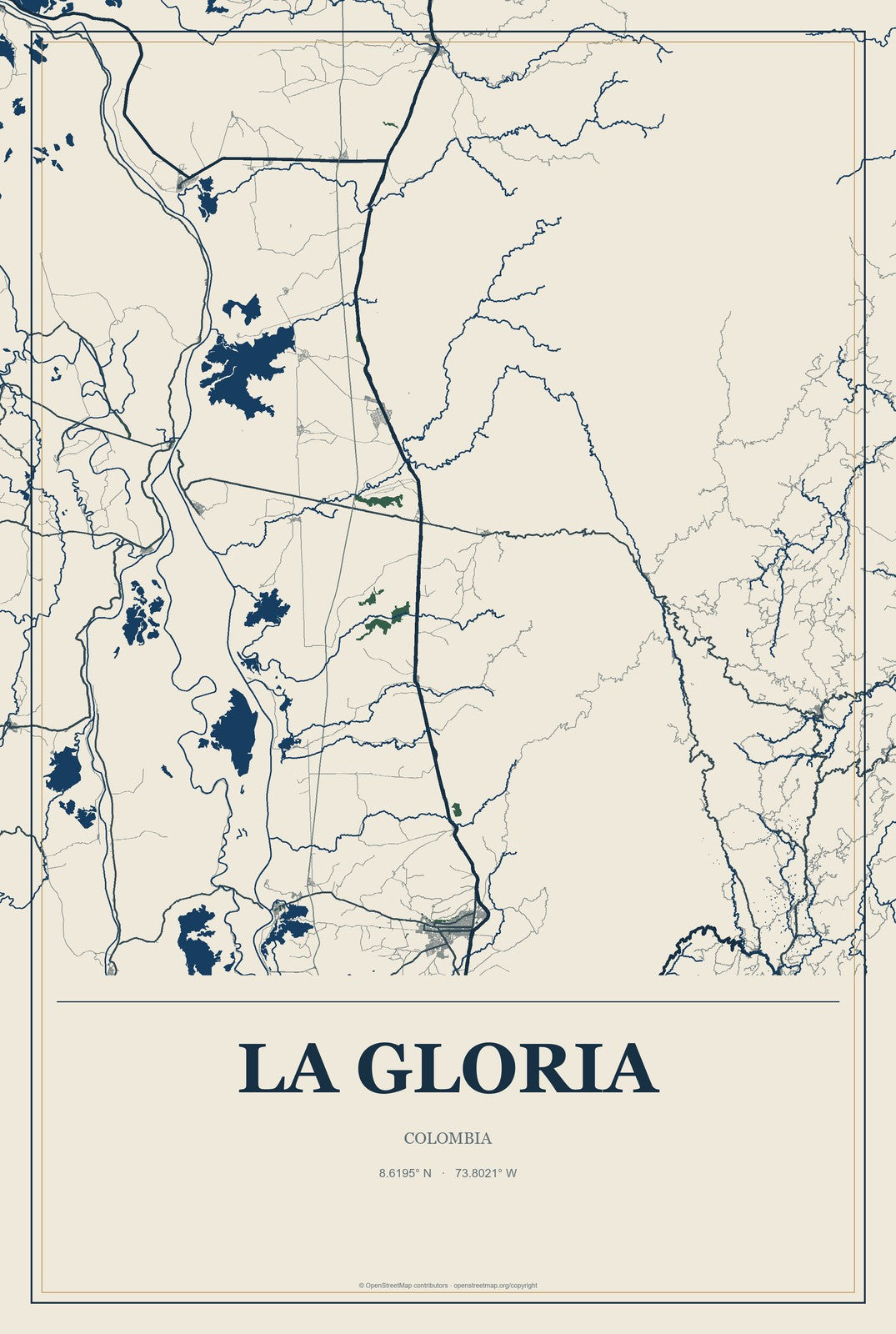La Gloria, Colombia City Map Aluminum Sign in Coastal Cutout style