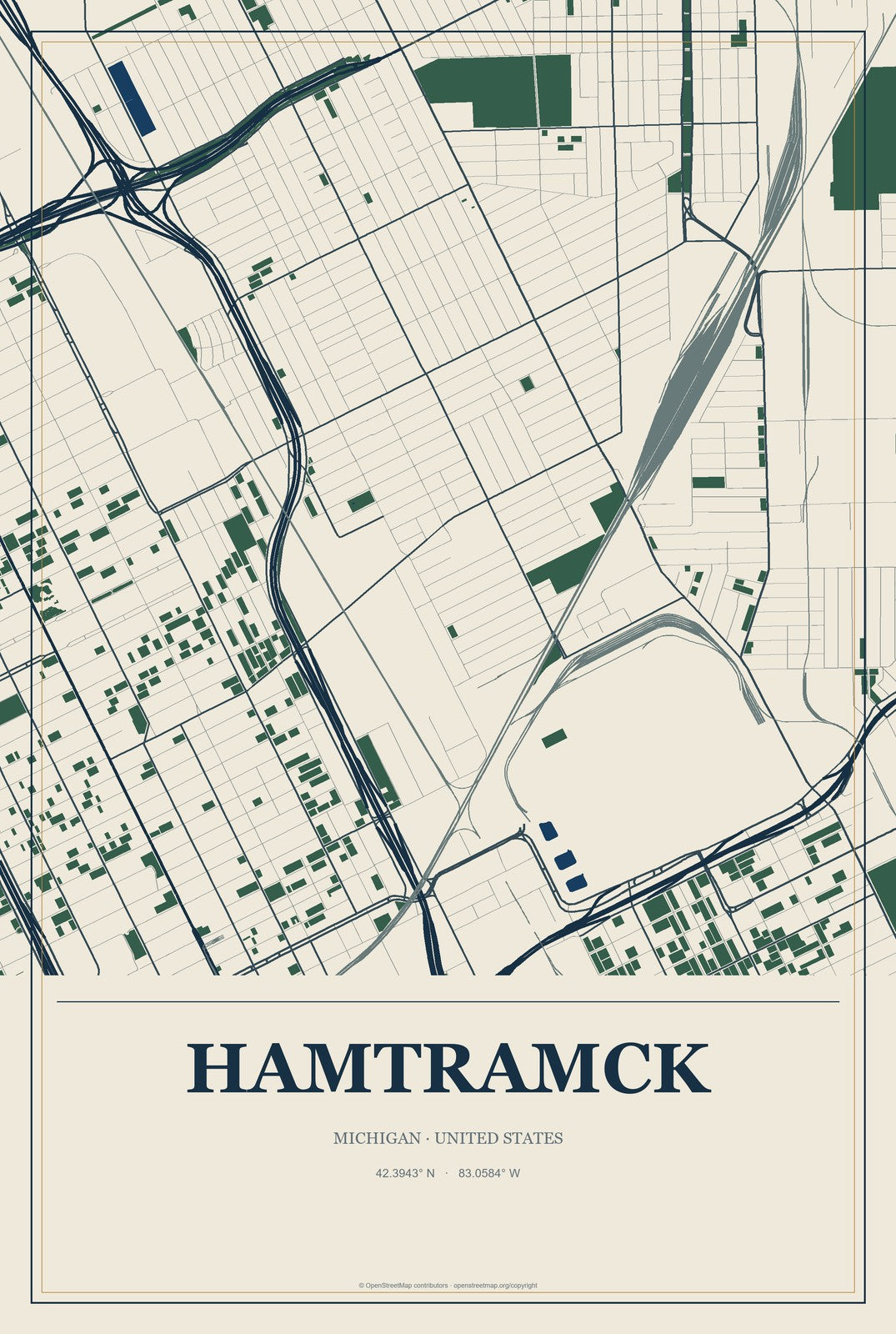 Hamtramck, Michigan City Map Aluminum Sign in Coastal Cutout style
