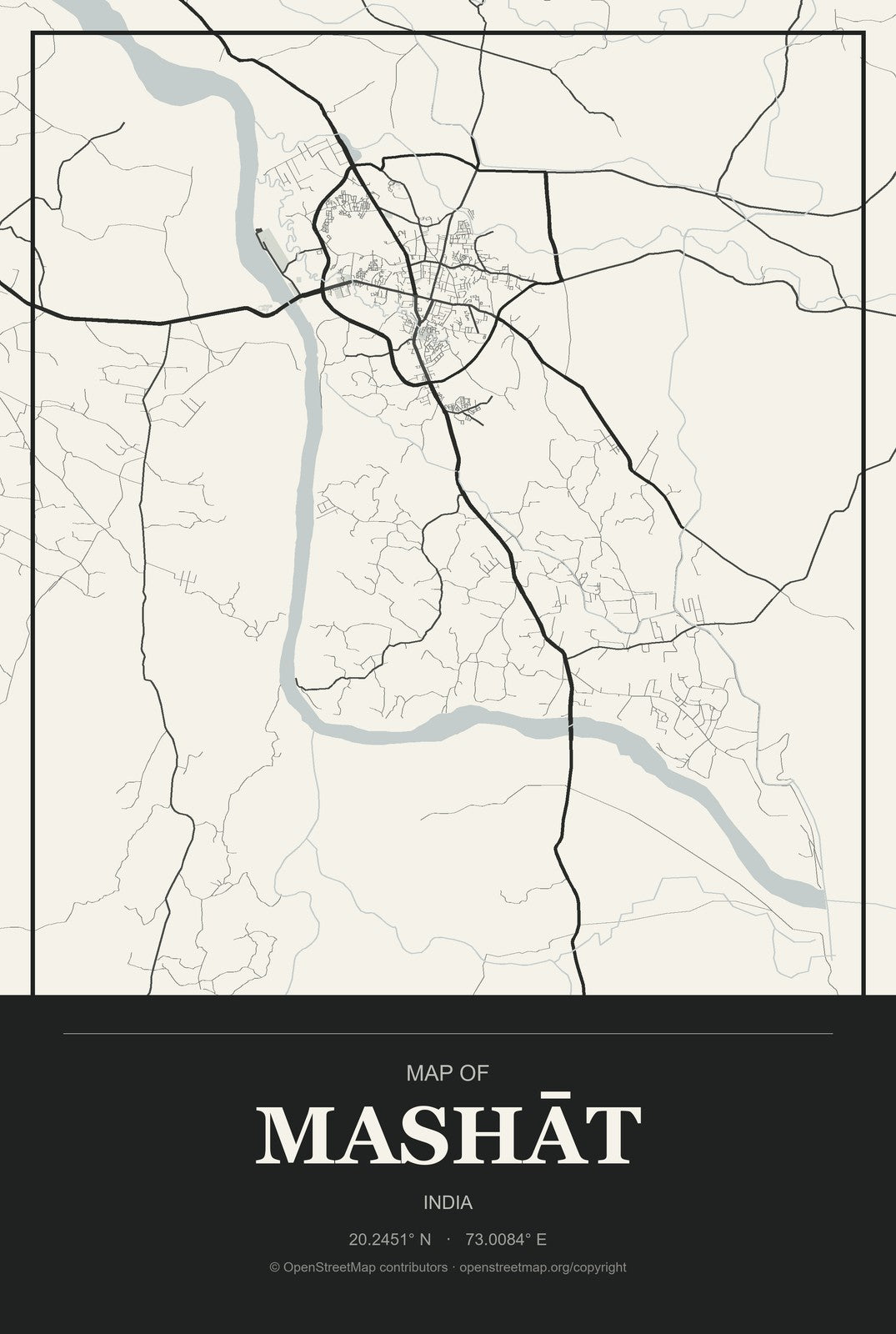 Mashāt, India City Map Aluminum Sign in Museum Plaque style