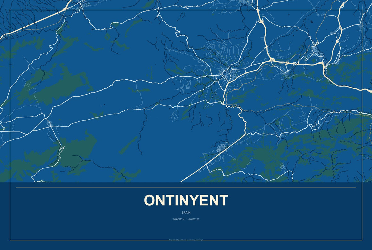 Ontinyent, Spain City Map Aluminum Sign in Harbor Cobalt style