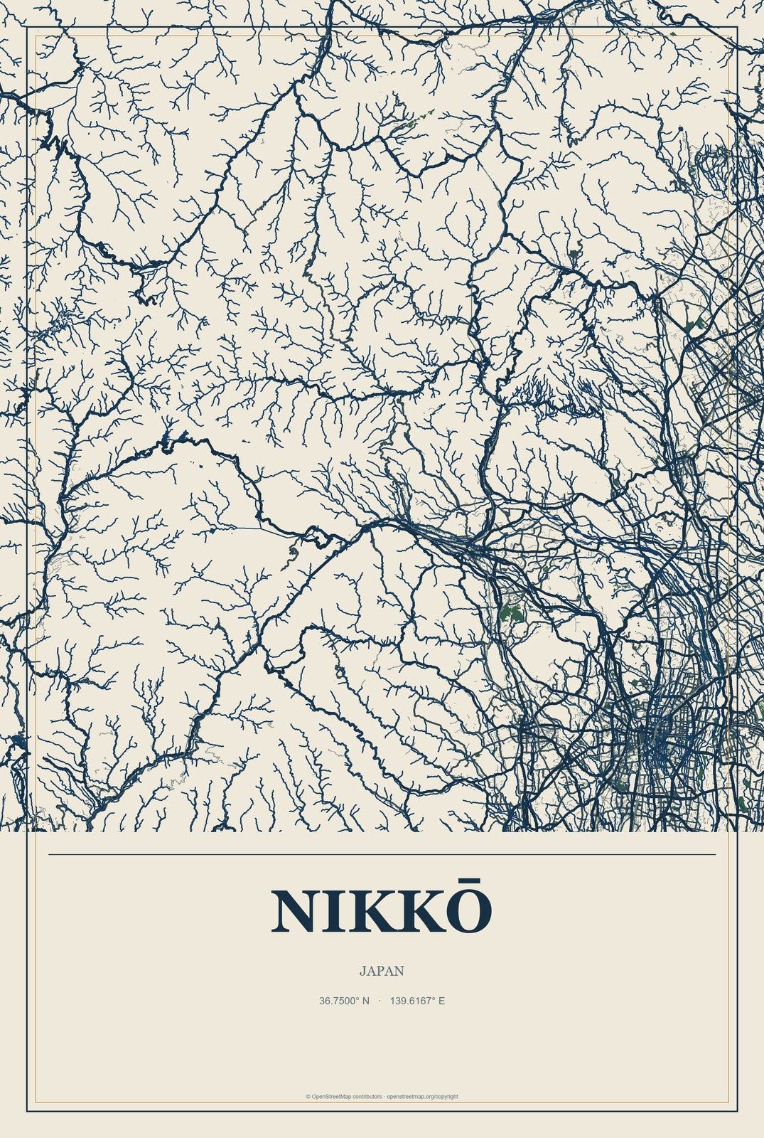 Nikkō, Japan City Map Aluminum Sign in Coastal Cutout style