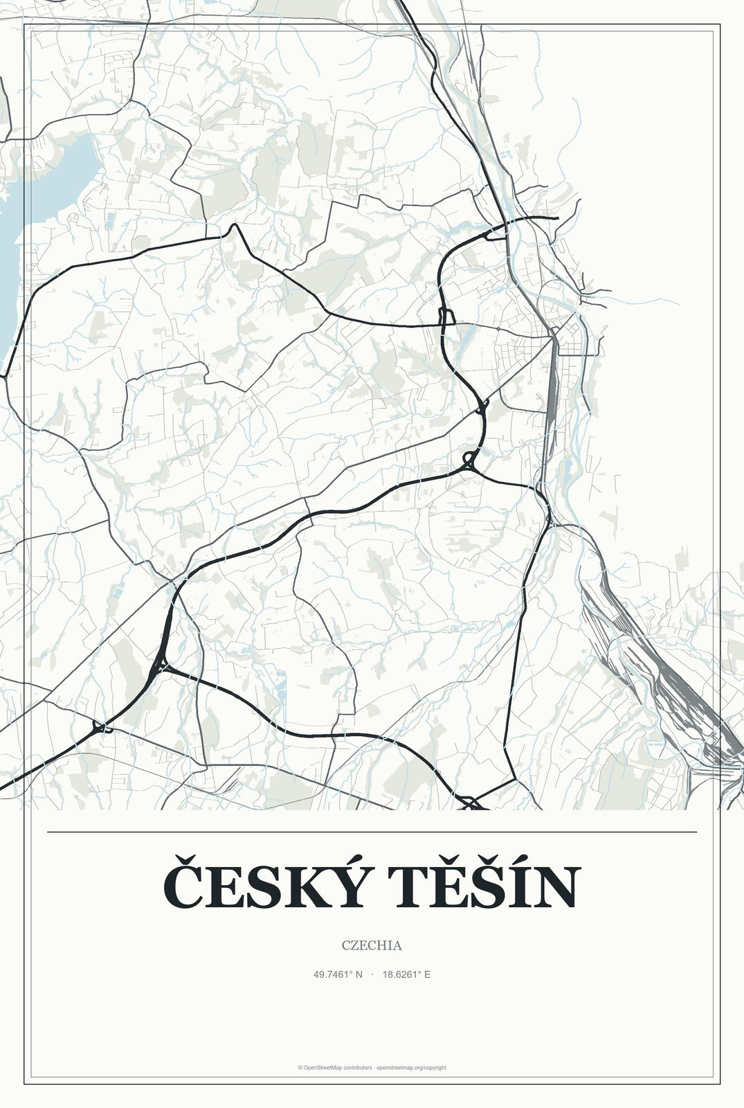 Český Těšín, Czechia City Map Aluminum Sign in Gallery Air style