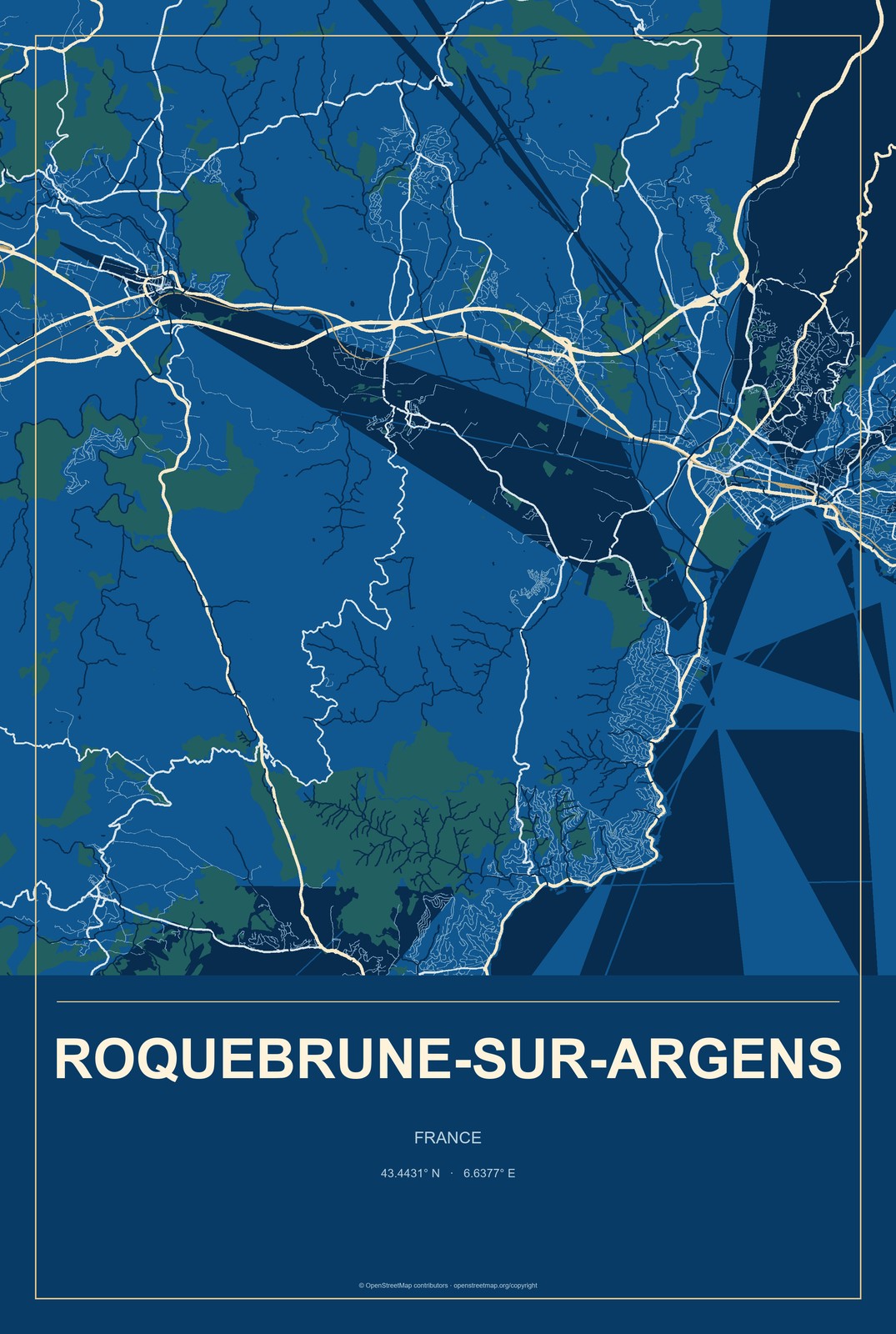 Roquebrune-sur-Argens, France City Map Aluminum Sign in Harbor Cobalt style