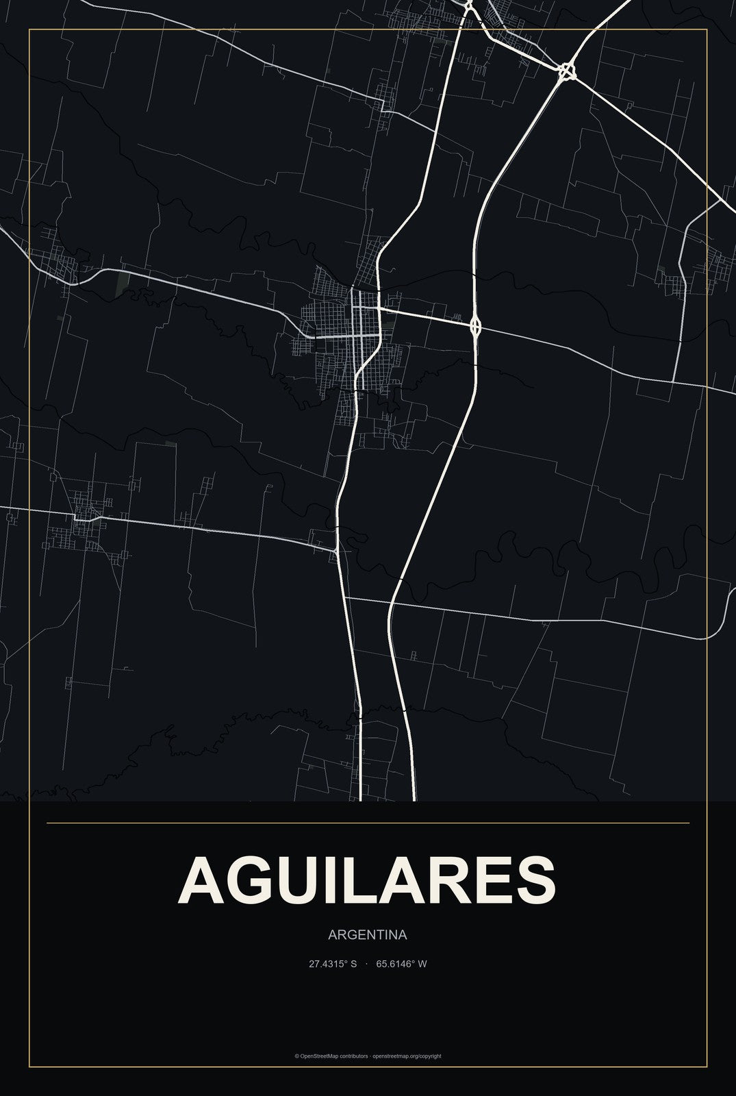 Aguilares, Argentina City Map Aluminum Sign in Metropolitan Noir style