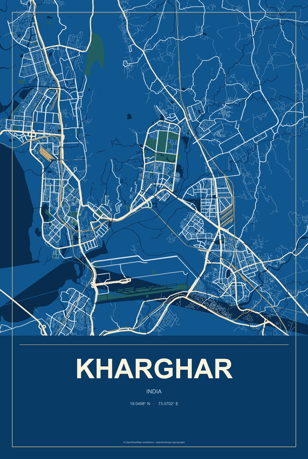 Kharghar, India City Map Aluminum Sign in Harbor Cobalt style