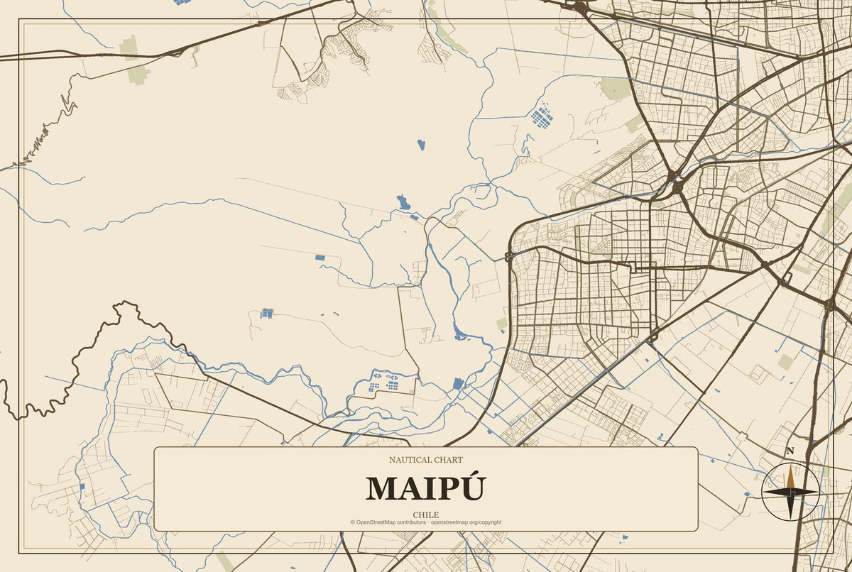 Maipú, Chile City Map Aluminum Sign in Heritage Nautical style