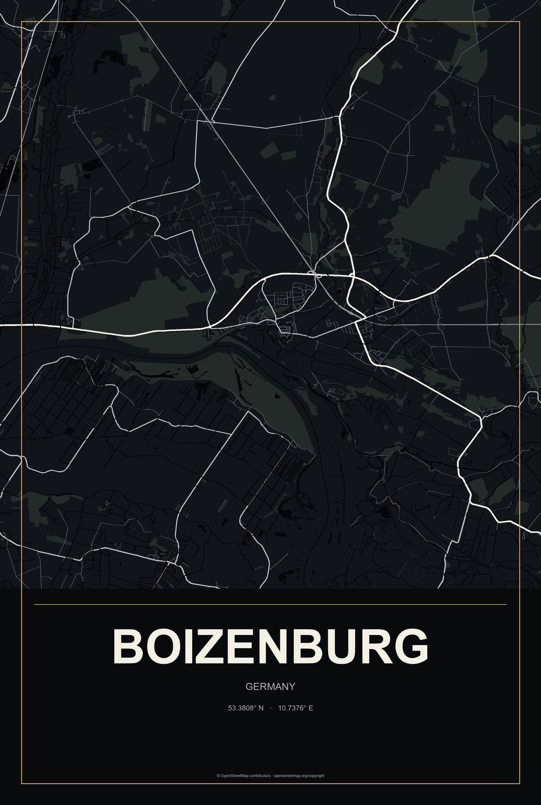 Boizenburg, Germany City Map Aluminum Sign in Metropolitan Noir style