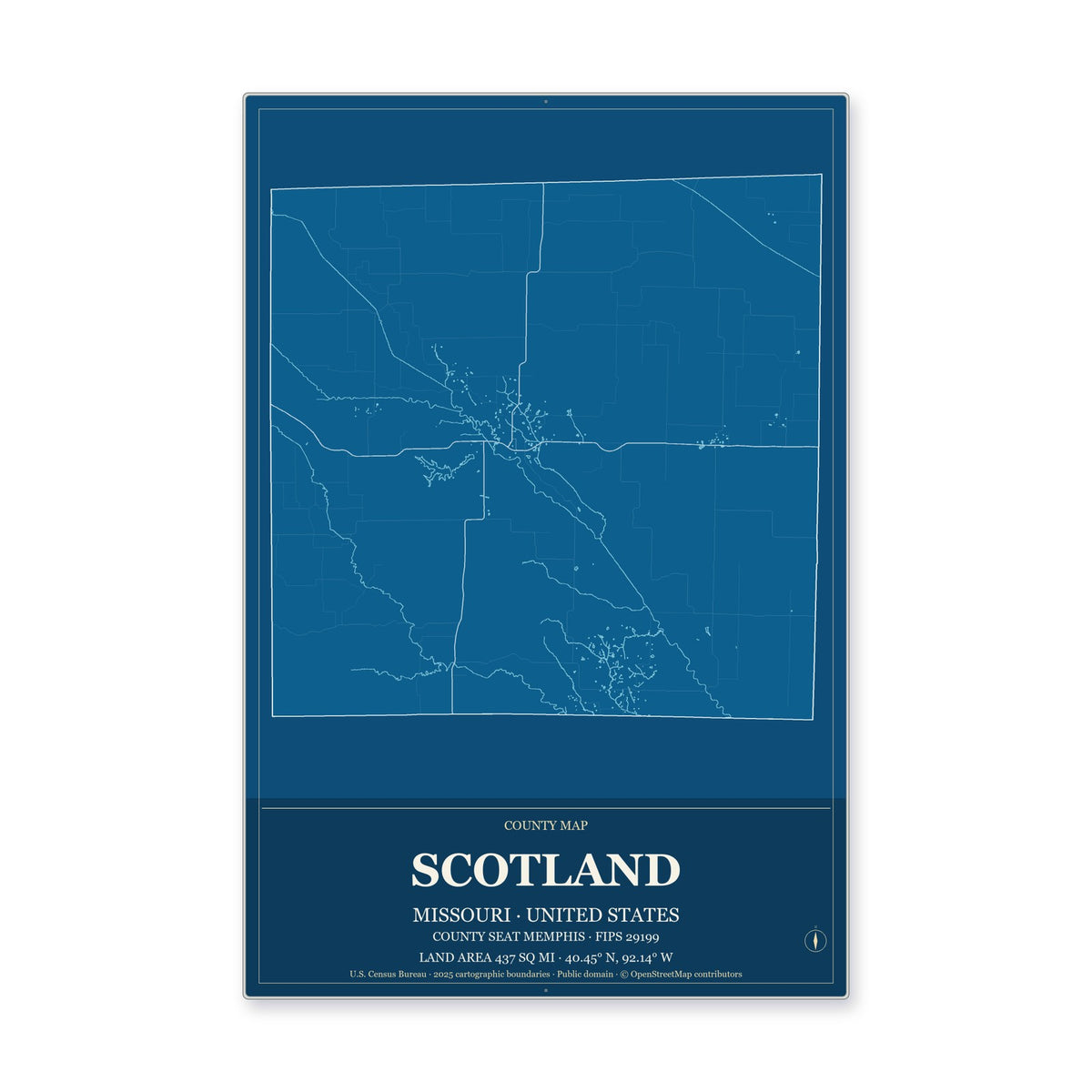 Scotland County, Missouri Map Aluminum Sign in Harbor Cobalt style